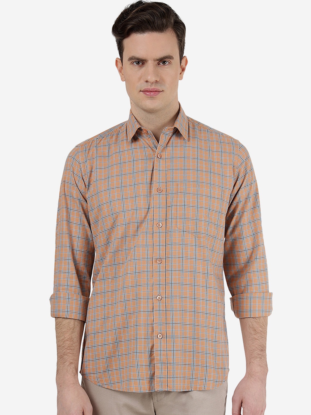 

Greenfibre Men Slim Fit Checked Cotton Casual Shirt, Orange