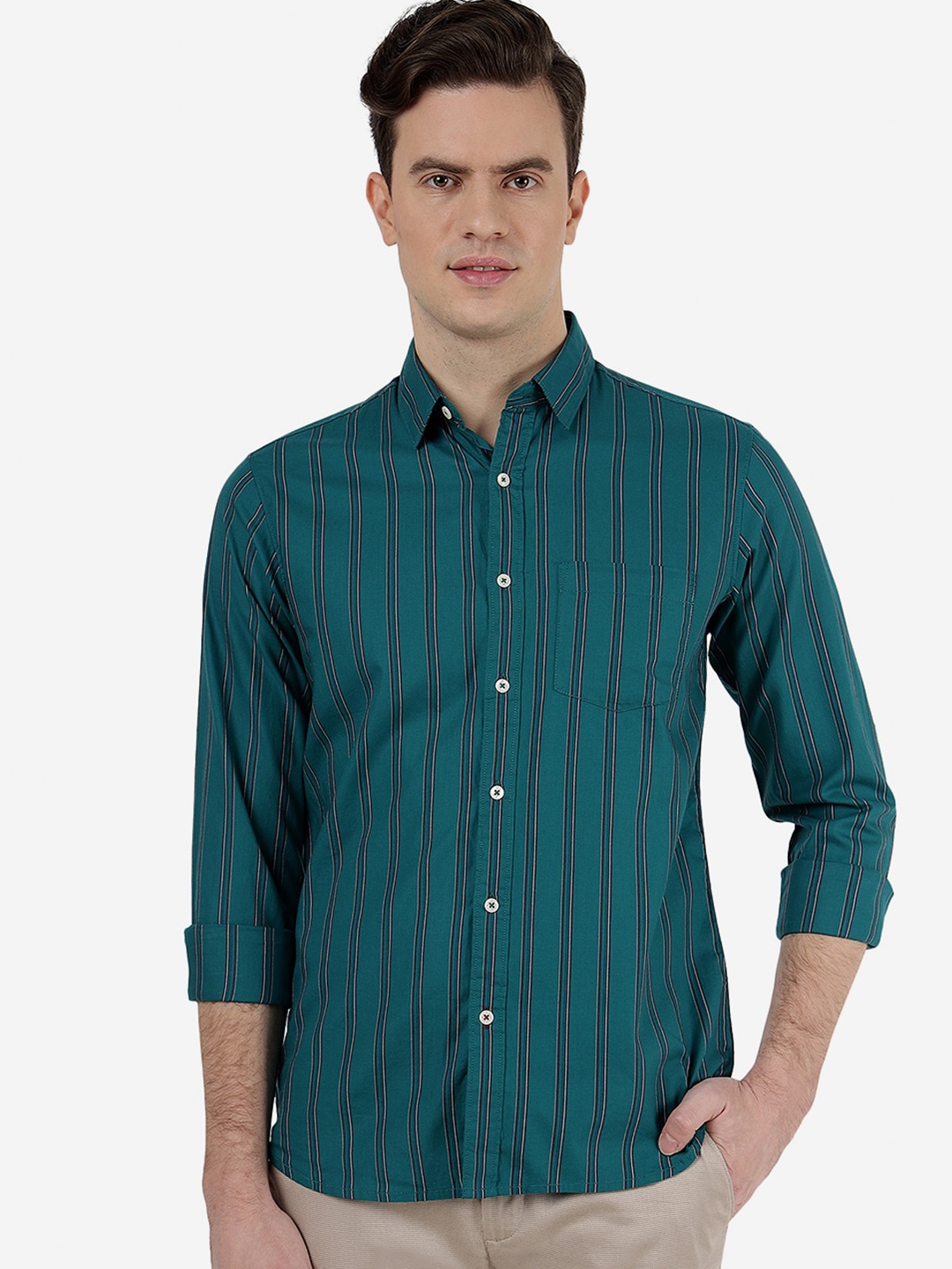 

JADE BLUE Spread Collar Long Sleeves Slim Fit Cotton Striped Casual Shirt, Green