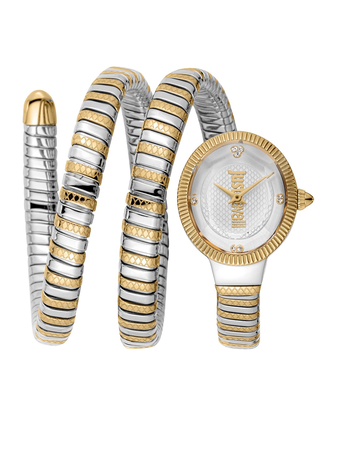 

Just Cavalli Women Embellished Wrap Around Straps Oval Analogue Watch, Silver