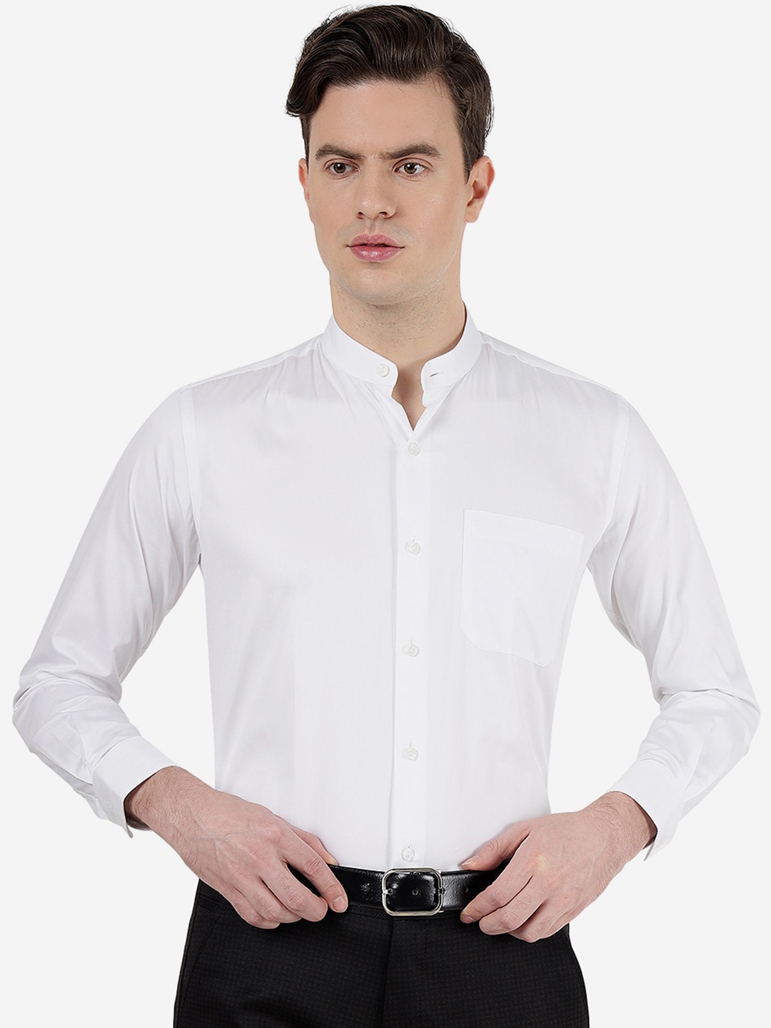 

METAL Mandarin Collar Long Sleeves Slim Fit Cotton Casual Shirt, White