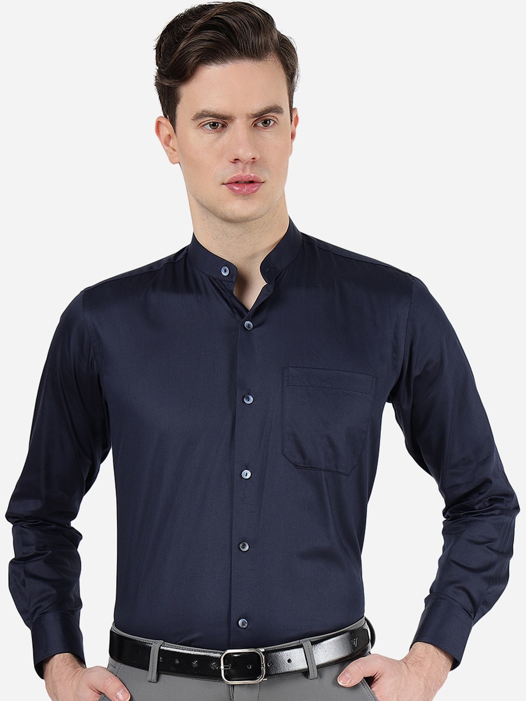 

METAL Mandarin Collar Long Sleeves Slim Fit Cotton Casual Shirt, Blue