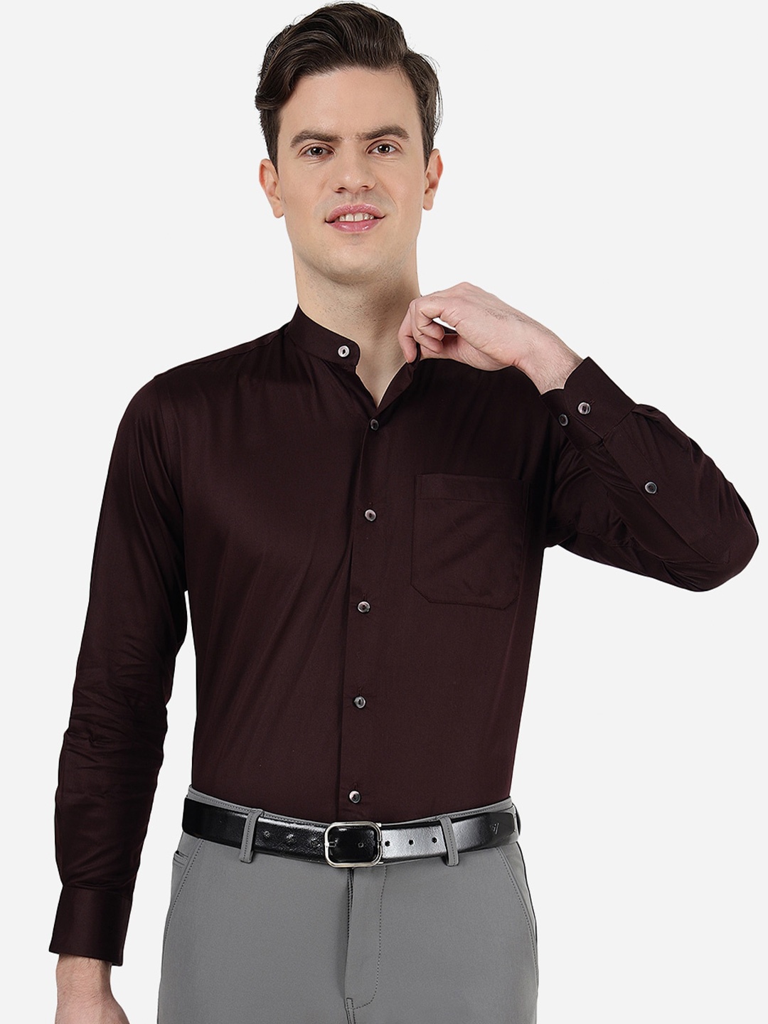 

METAL Mandarin Collar Long Sleeves Slim Fit Cotton Casual Shirt, Maroon