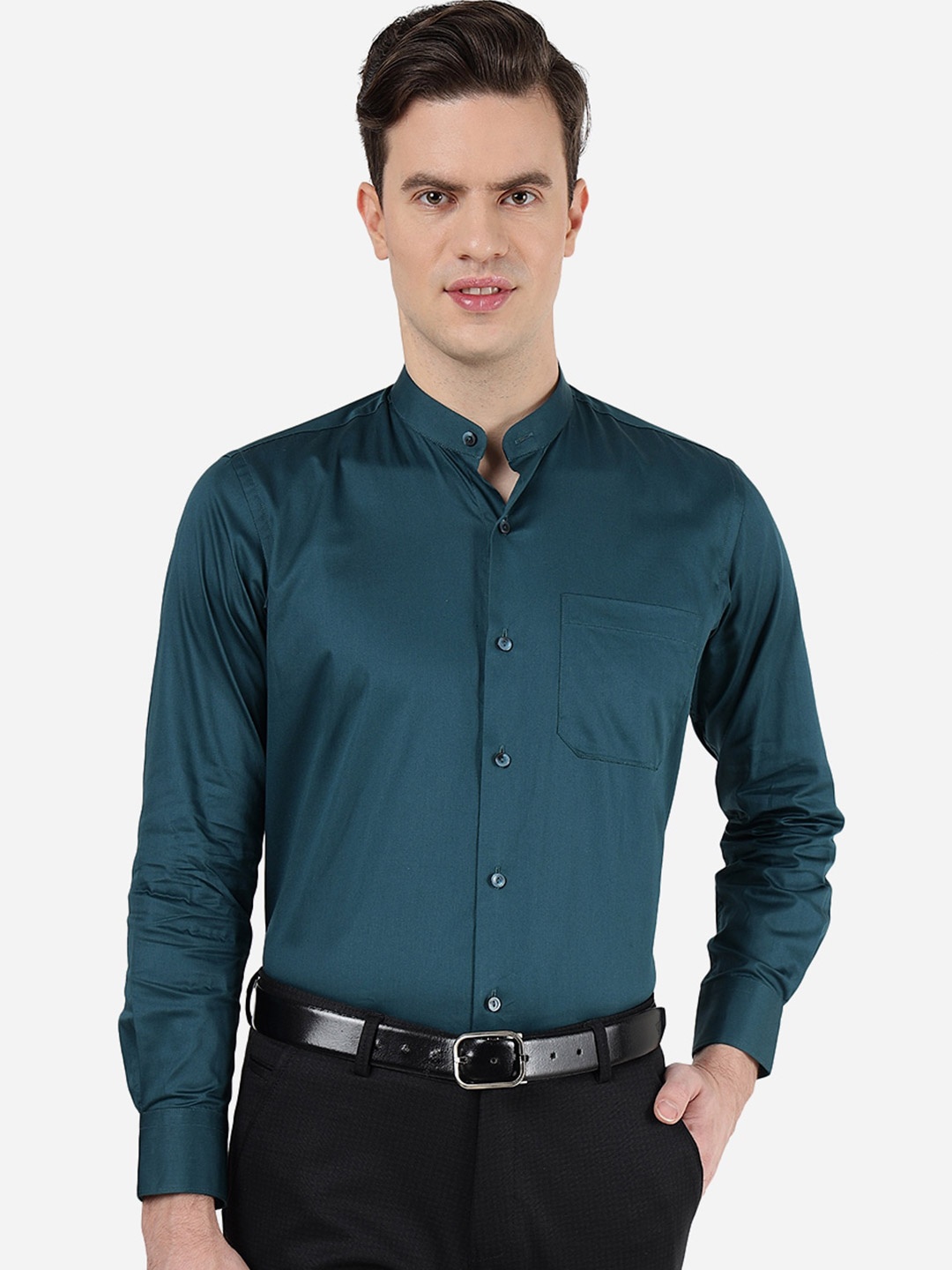 

METAL Mandarin Collar Long Sleeves Slim Fit Cotton Casual Shirt, Green