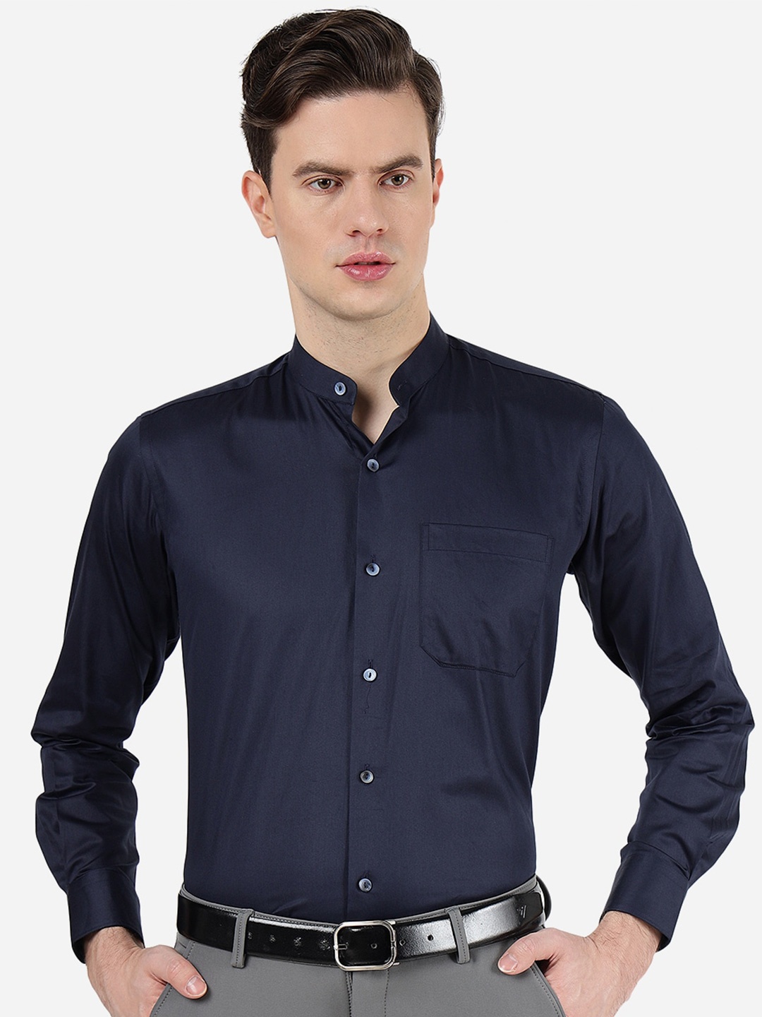 

METAL Mandarin Collar Long Sleeves Slim Fit Casual Cotton Shirt, Blue