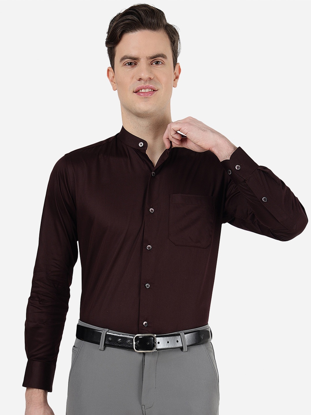 

METAL Mandarin Collar Long Sleeves Slim Fit Casual Cotton Shirt, Maroon