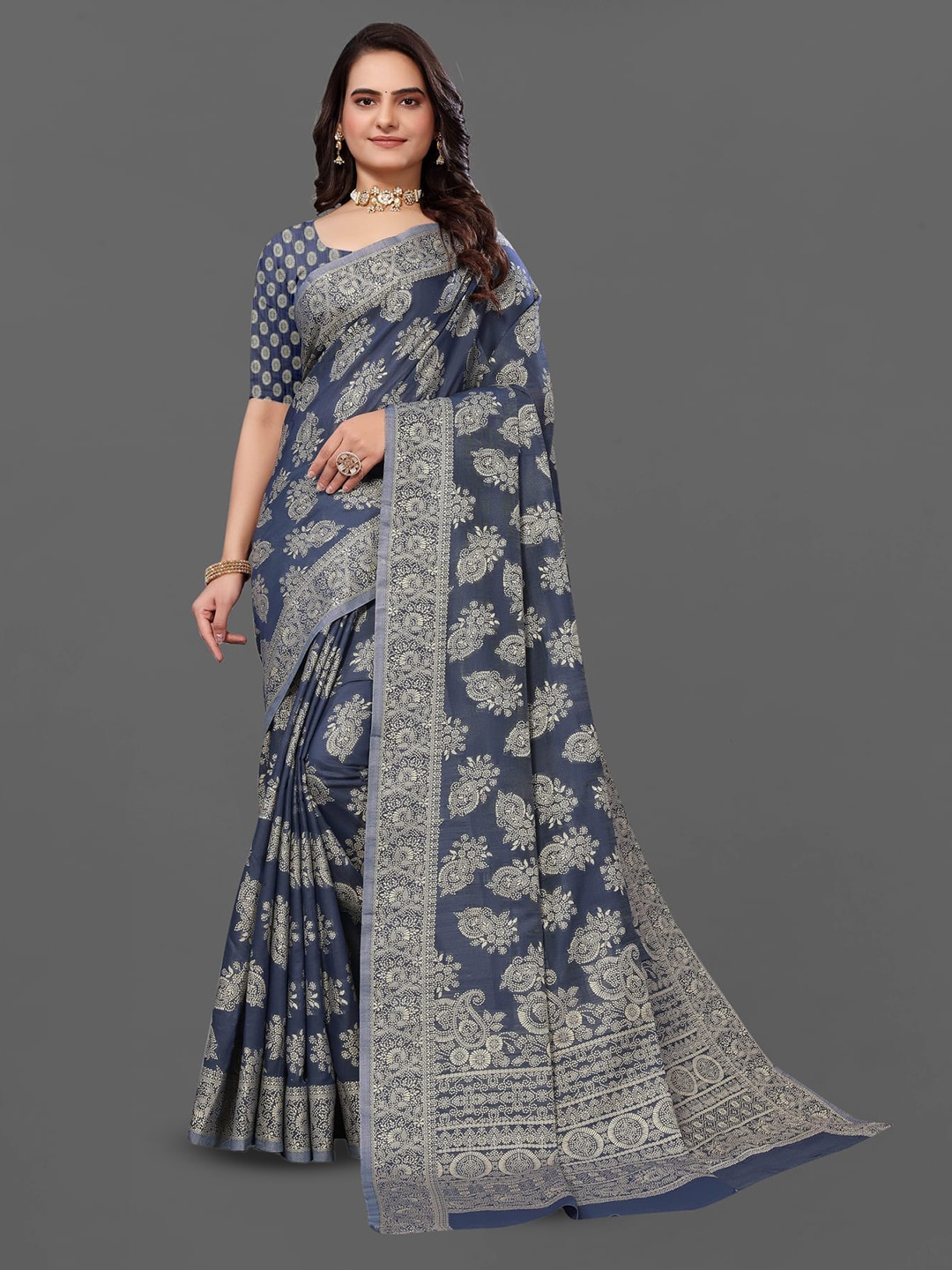 

Grubstaker Ethnic Motifs Woven Design Zari Paithani Saree, Grey