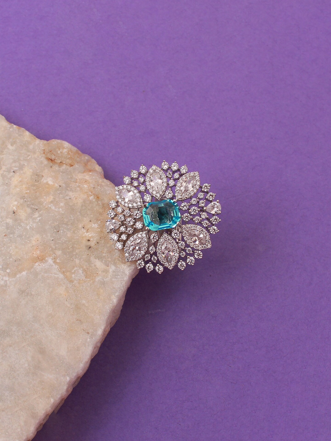 

Mirana Rhodium Plated CZ Studded Designer Ring, Silver