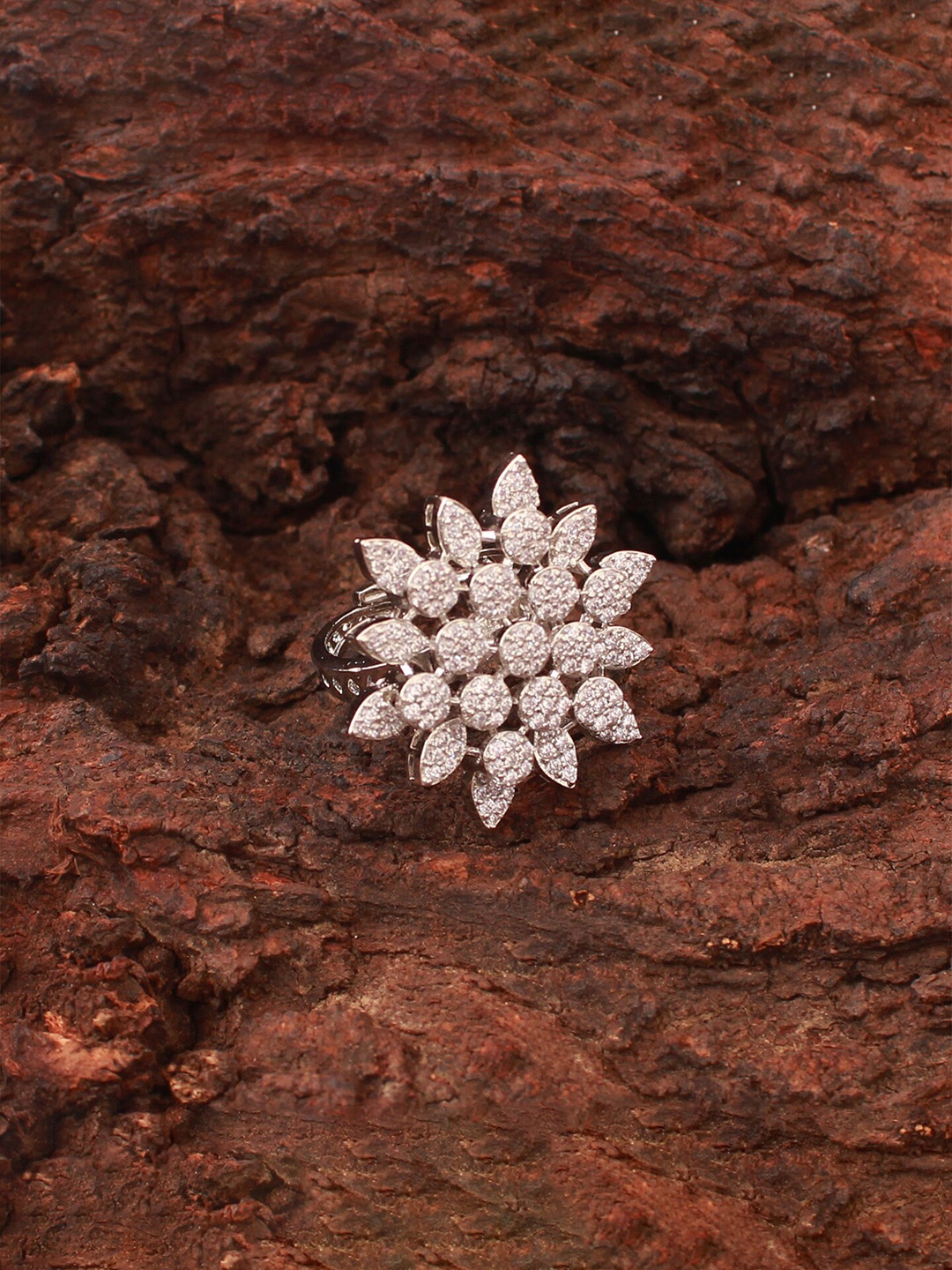 

Mirana Rhodium Plated & CZ Studded Finger Ring, Silver