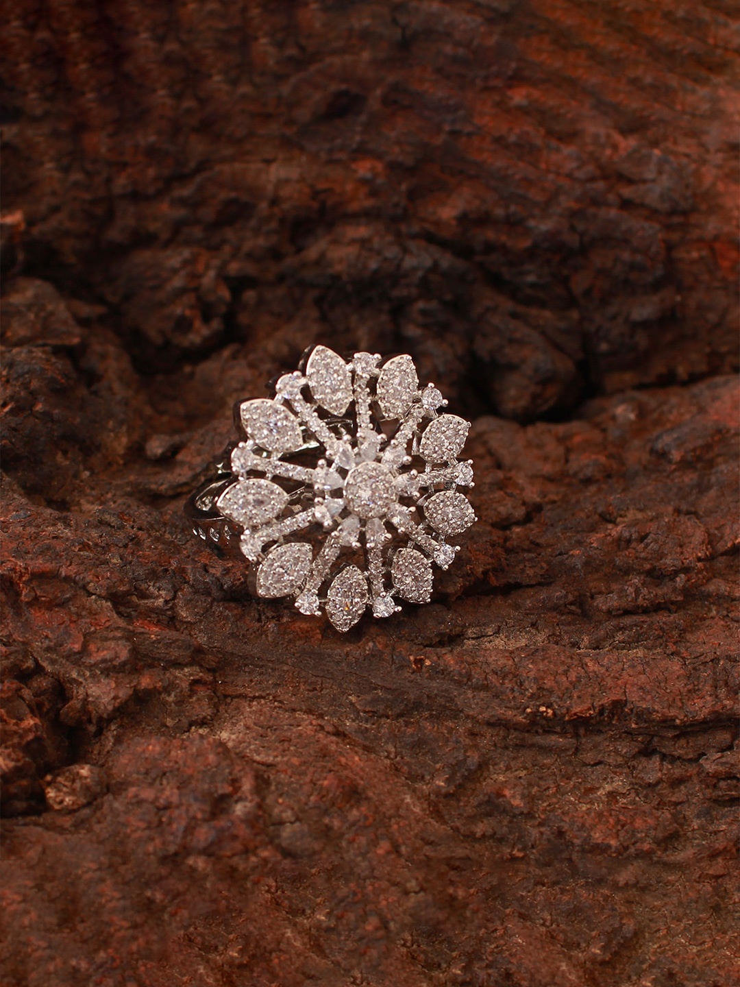 

Mirana Rhodium-Plated CZ-Studded Finger Ring, Silver