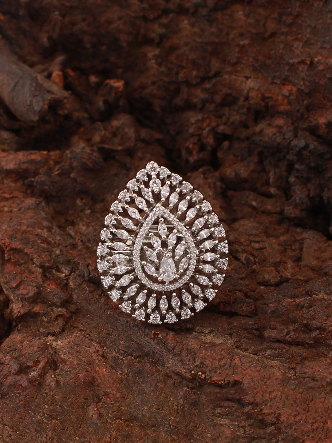 

Mirana Rhodium-Plated Cubic Zirconia-Studded Finger Ring, Silver