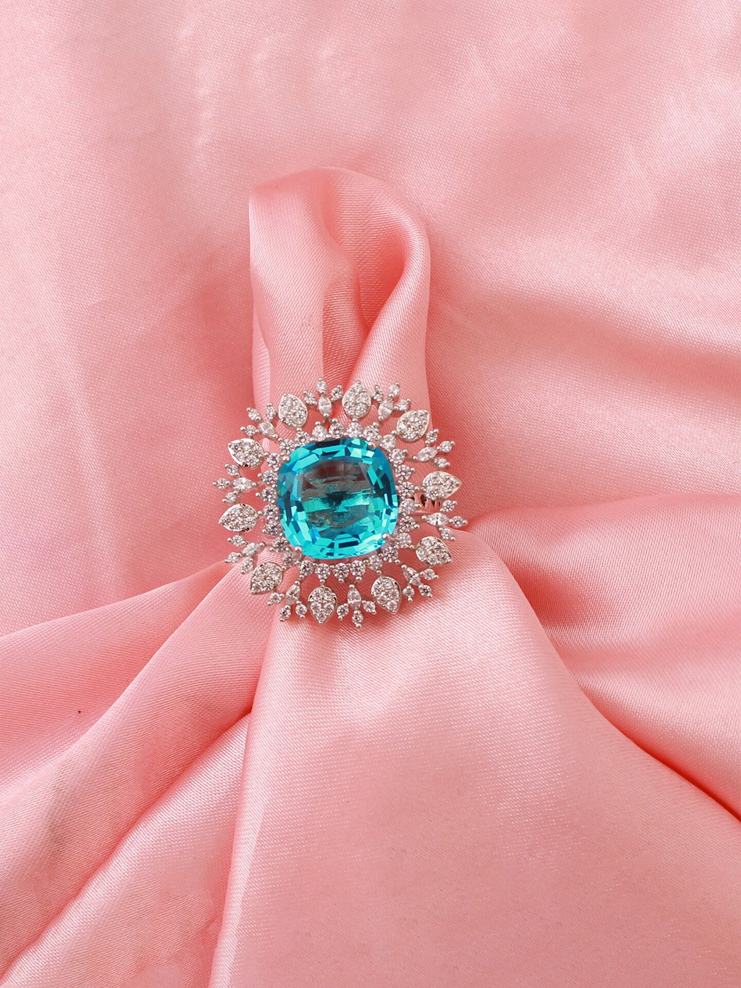 

Mirana Rhodium-Plated CZ Studded Finger Ring, Blue