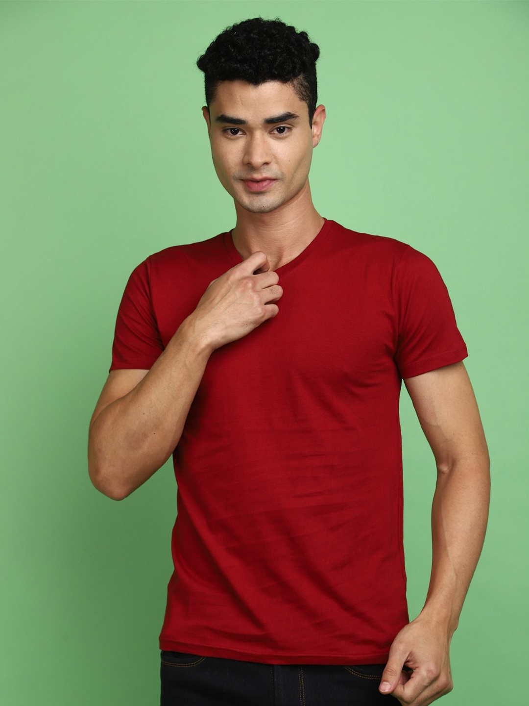 

V-Mart V Neck Short Sleeves Cotton Slim Fit T-shirt, Maroon