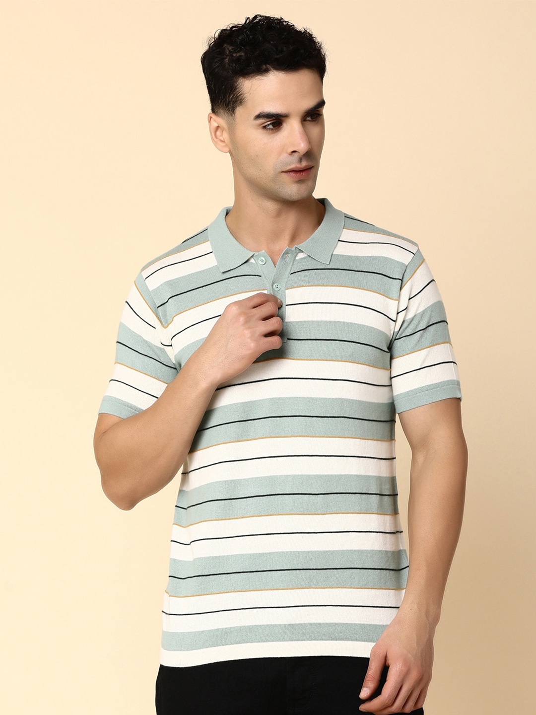 

V-Mart Striped Polo Collar Cotton Slim Fit T-shirt, Green