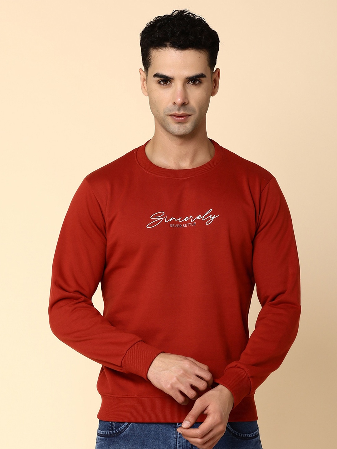 

V-Mart Typography Printed Round Neck Long Sleeves Cotton Regular T-shirt, Rust