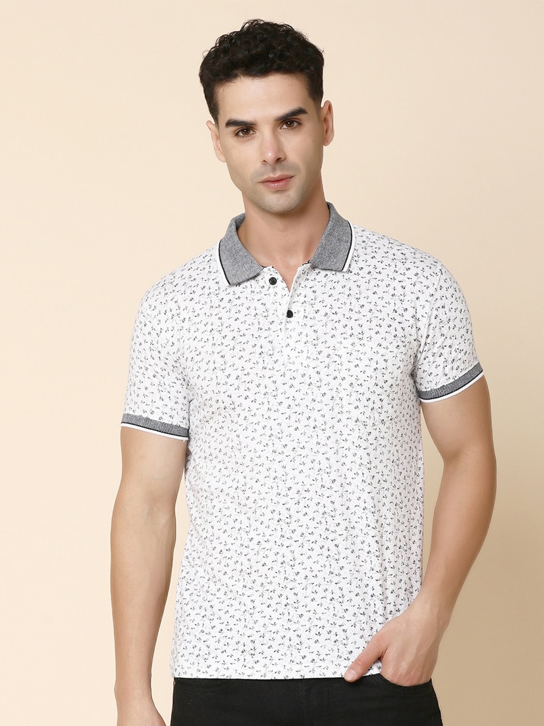 

V-Mart Floral Printed Polo Collar Long Sleeves Regular T-shirt, White
