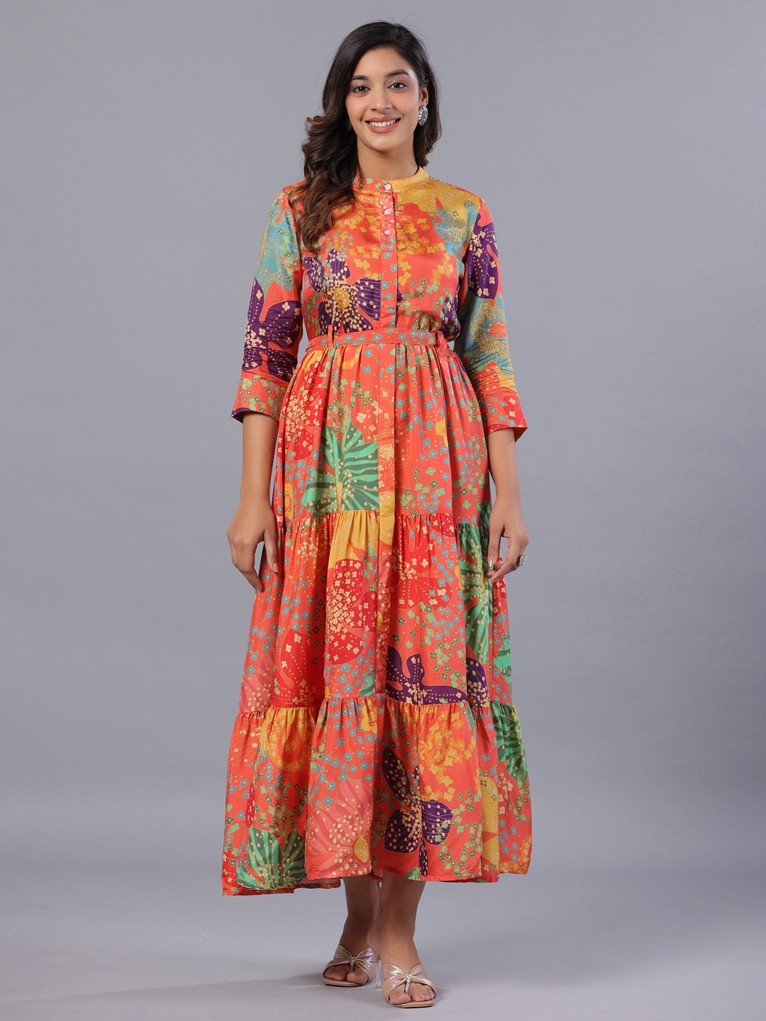 

Amchoor Floral Print Mandarin Collar Regular Sleeve Flared Tiered Maxi Dress, Red