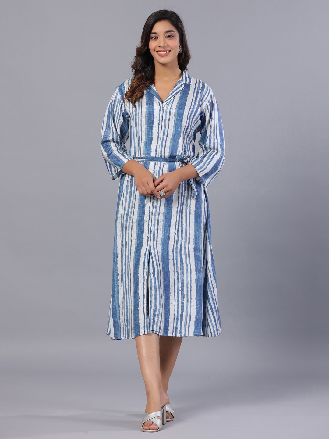 

Amchoor Candy Stripes Shirt Collar Regular Sleeves Midi Shirt Dress, Blue