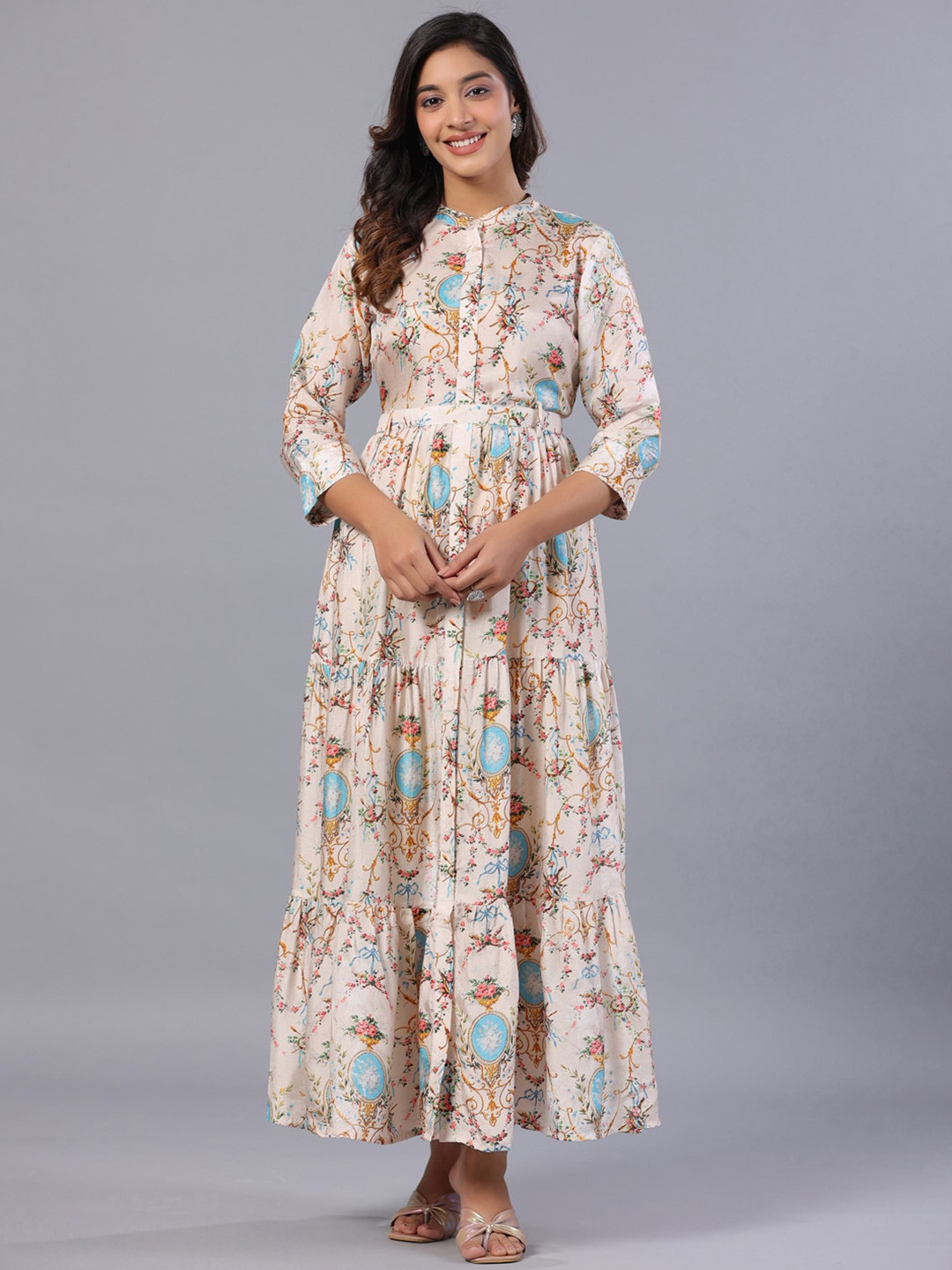 

Amchoor Floral Print Mandarin Collar Regular Sleeves Flared Tiered Maxi Dress, Cream