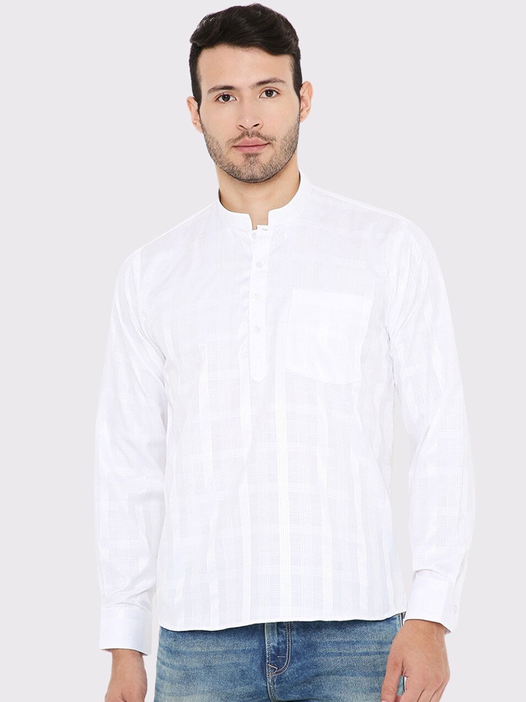 

Maharaja Checked Linen Short Kurta, White