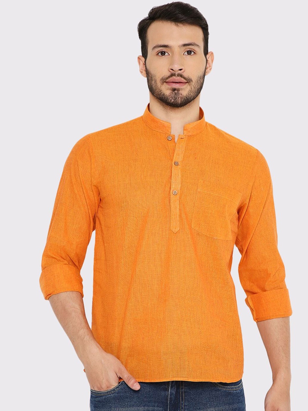 

Maharaja Mandarin Collar Cotton Short Kurta, Orange