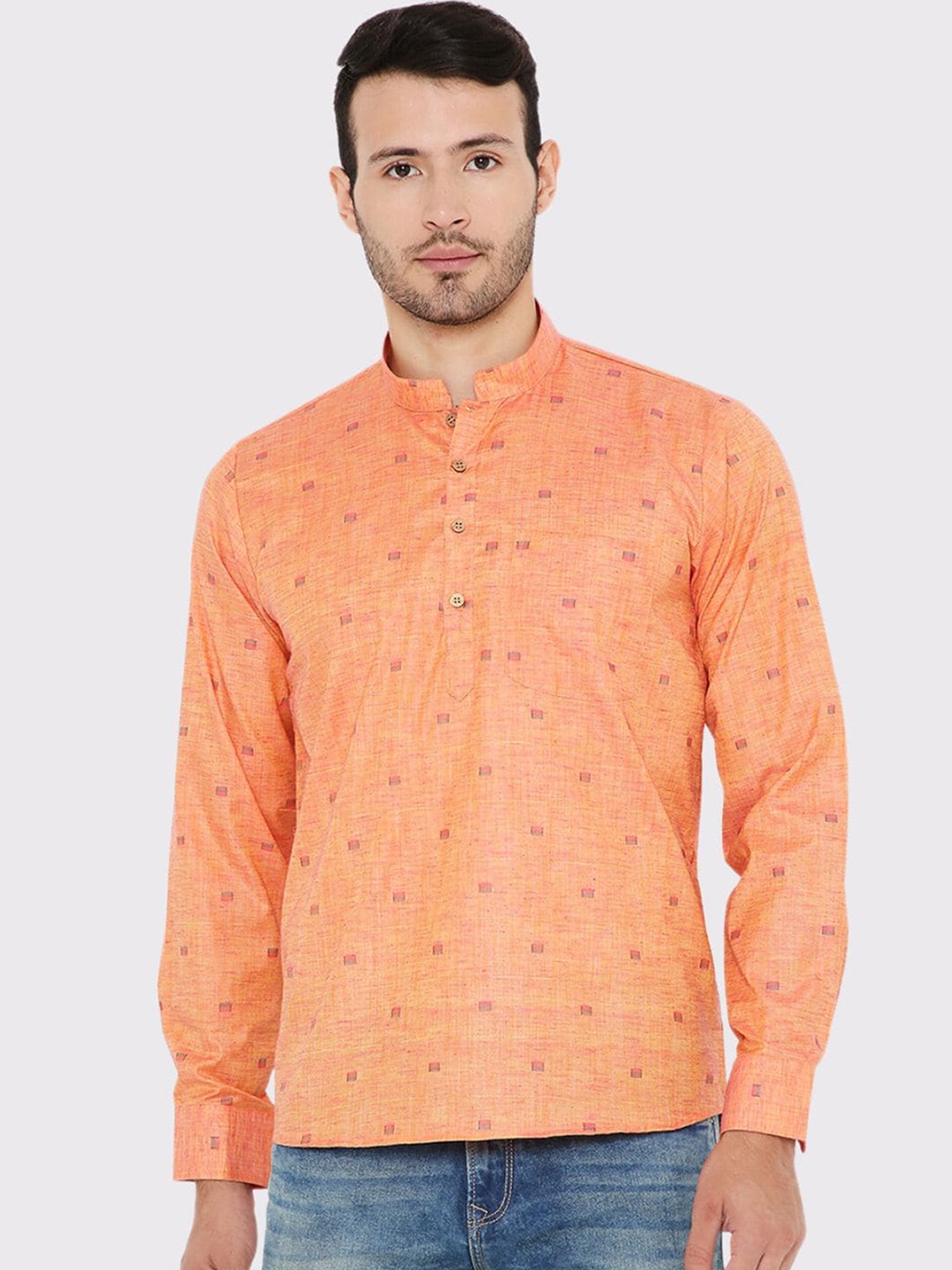 Maharaja Woven Design Mandarin Collar Linen Short Kurta, Peach
