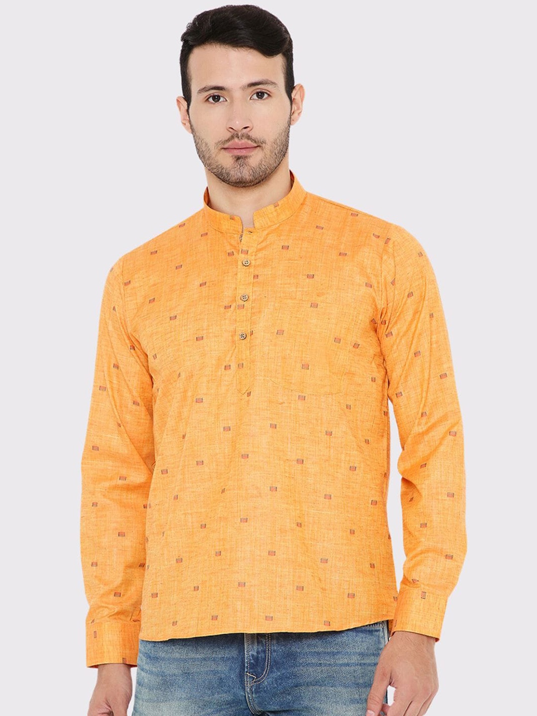 

Maharaja Band Collar Long Sleeves Geometric Printed Linen Straight Kurta, Orange