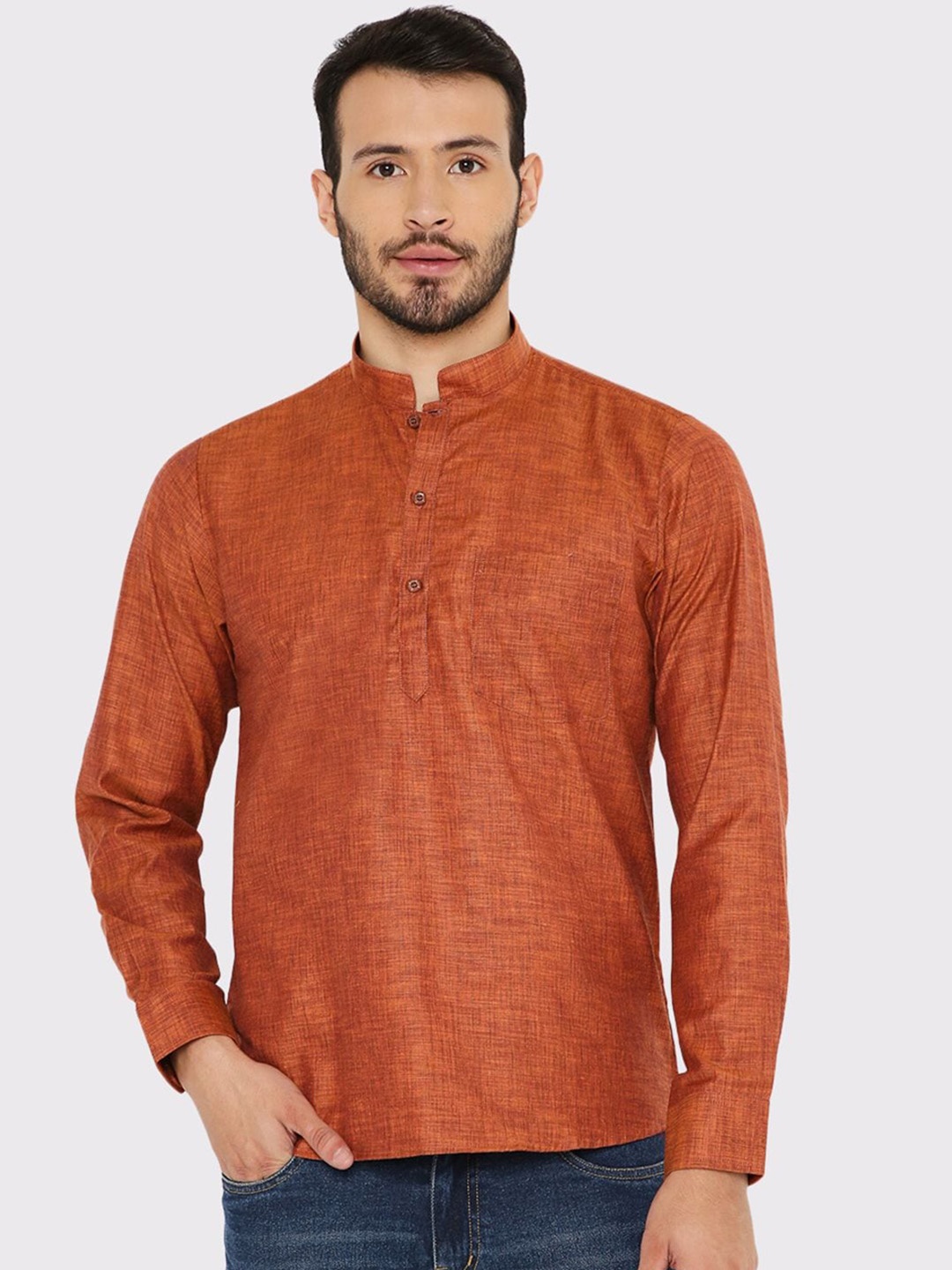 

Maharaja Mandarin Collar Linen Short Kurta, Rust