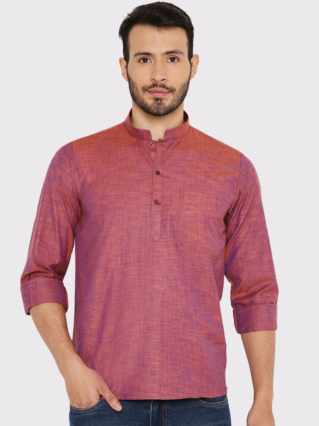 

Maharaja Band Collar Long Sleeves Linen Straight Kurta, Pink