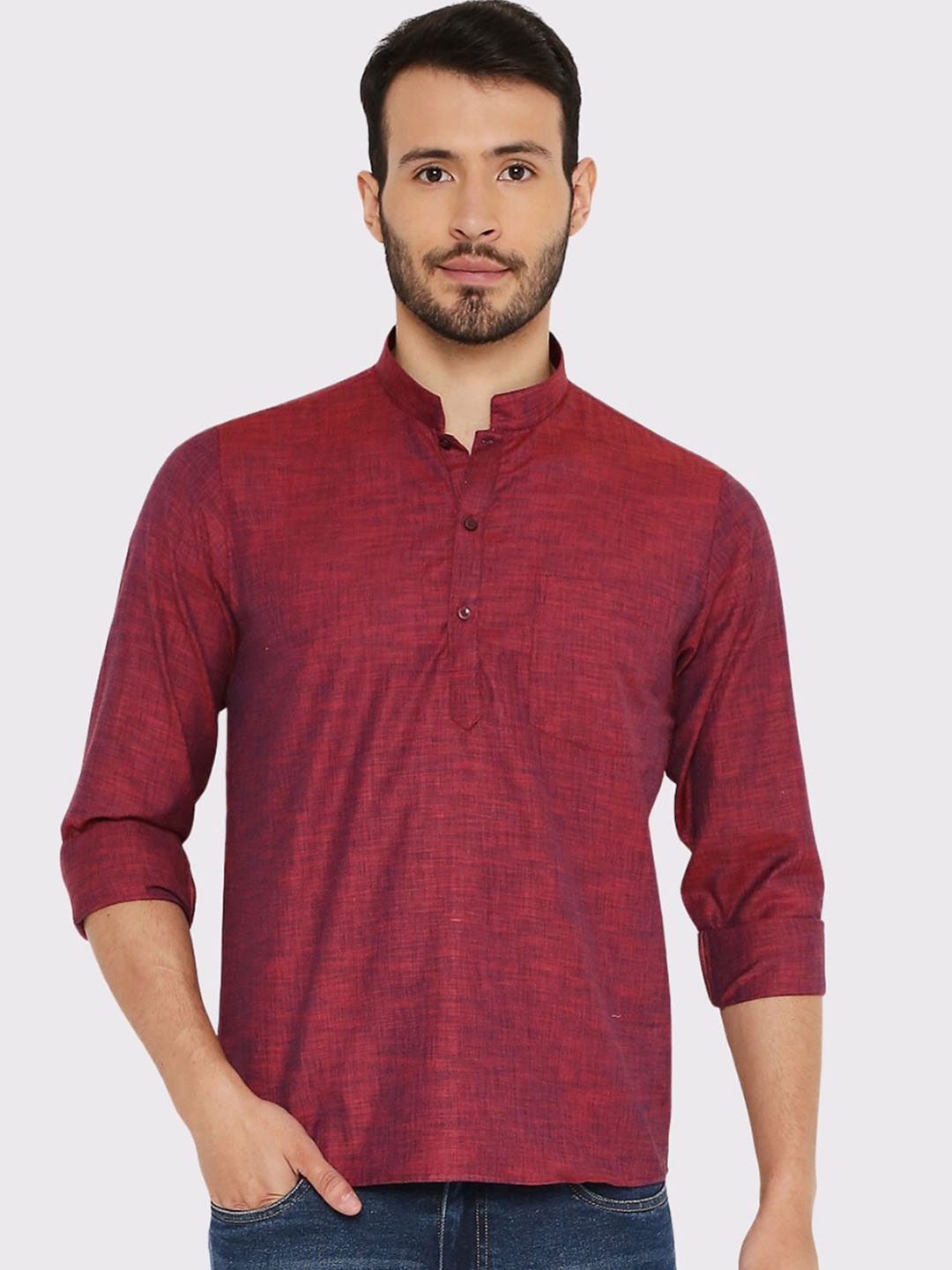 

Maharaja Mandarin Collar Linen Short Kurta, Maroon