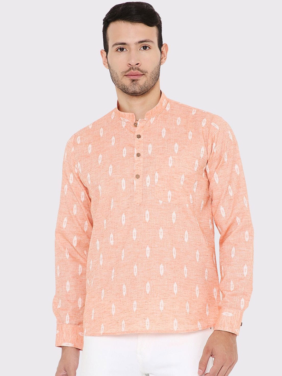 

Maharaja Band Collar Long Sleeves Geometric Printed Linen Straight Kurta, Peach