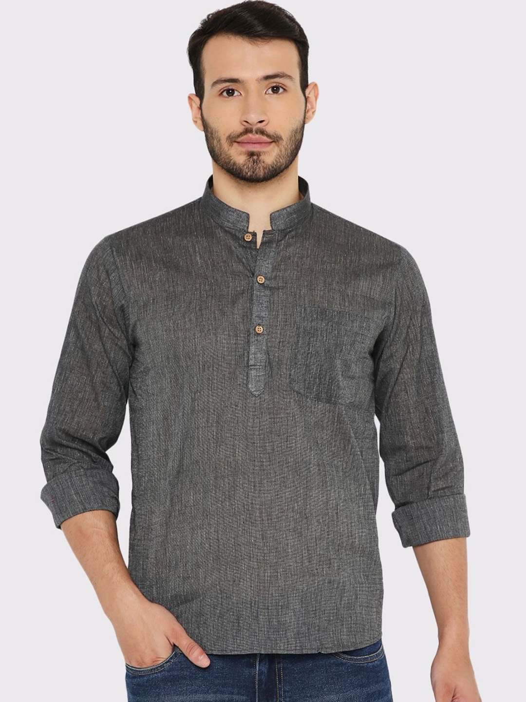 

Maharaja Band Collar Long Sleeves Cotton Straight Kurta, Black
