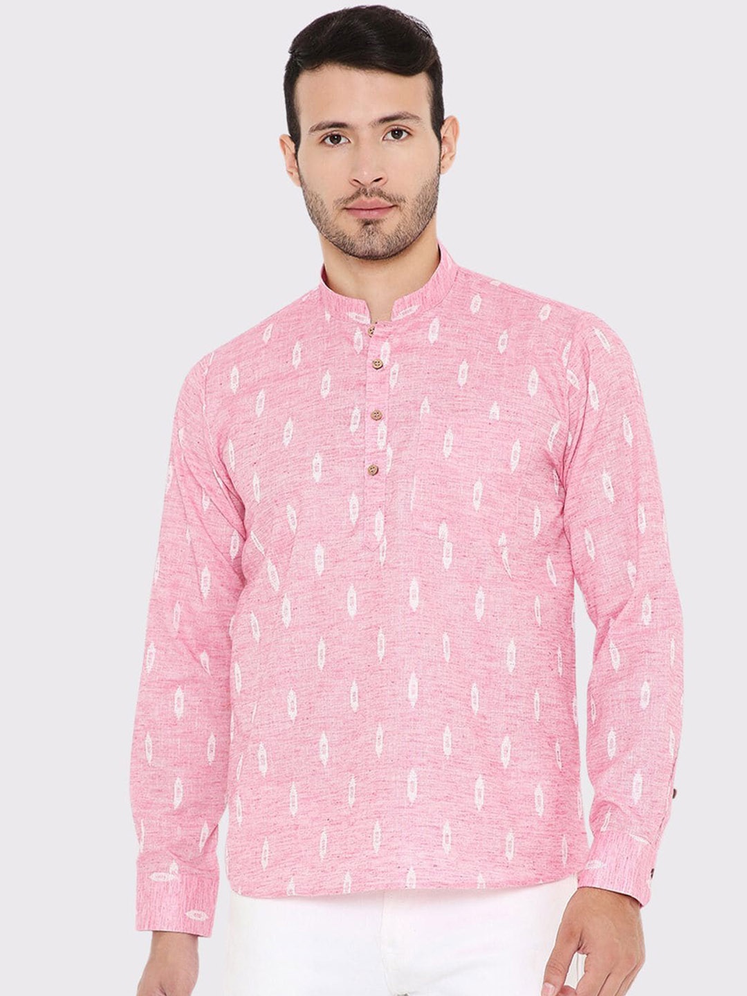 

Maharaja Ethnic Motifs printed Mandarin Collar Long Sleeves Pure Linen Kurta, Pink