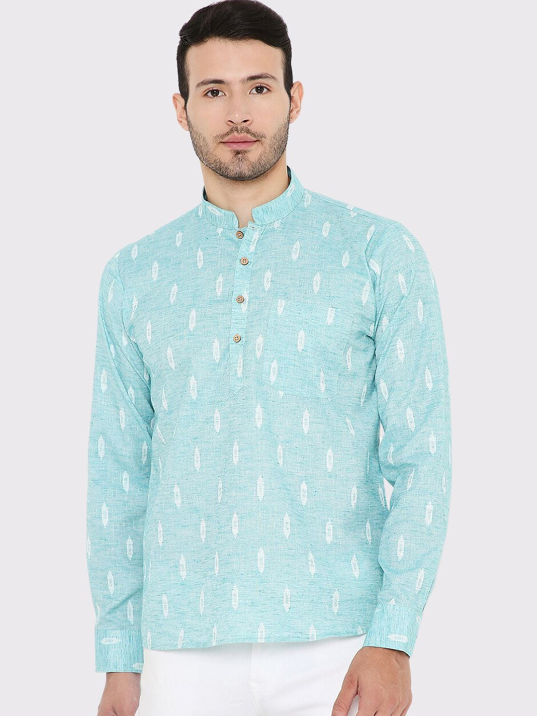 

Maharaja Band Collar Long Sleeves Geometric Printed Linen Straight Kurta, Blue