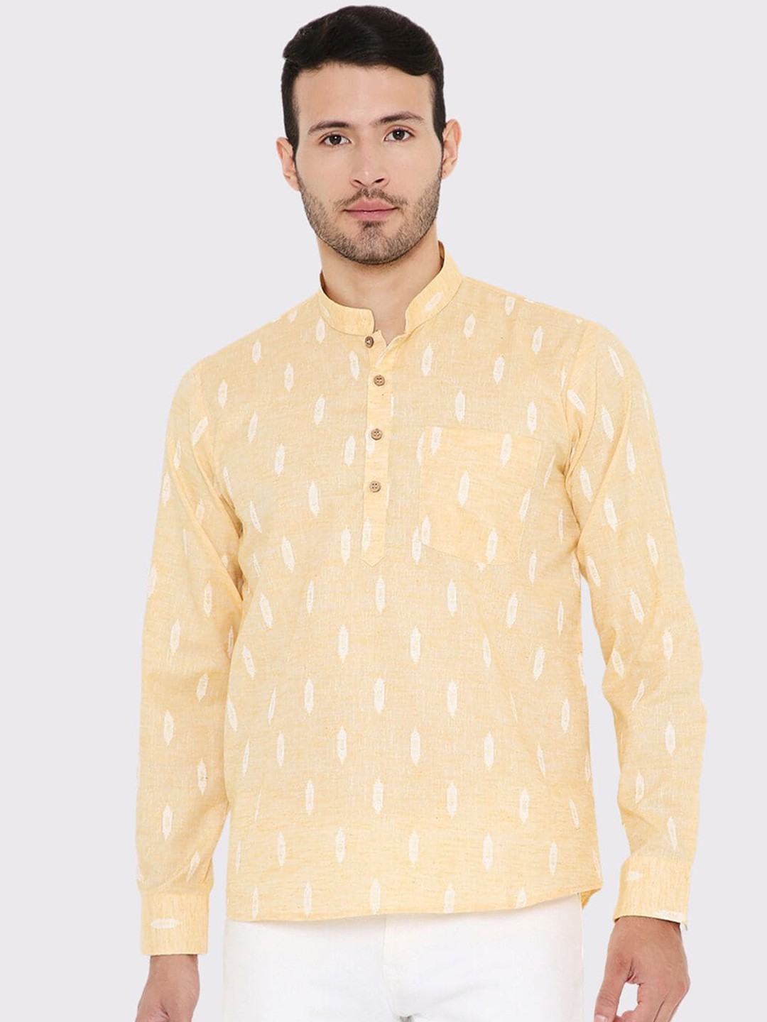 

Maharaja Ethnic Motifs Woven Designed Mandarin Collar Linen Straight Kurta, Yellow