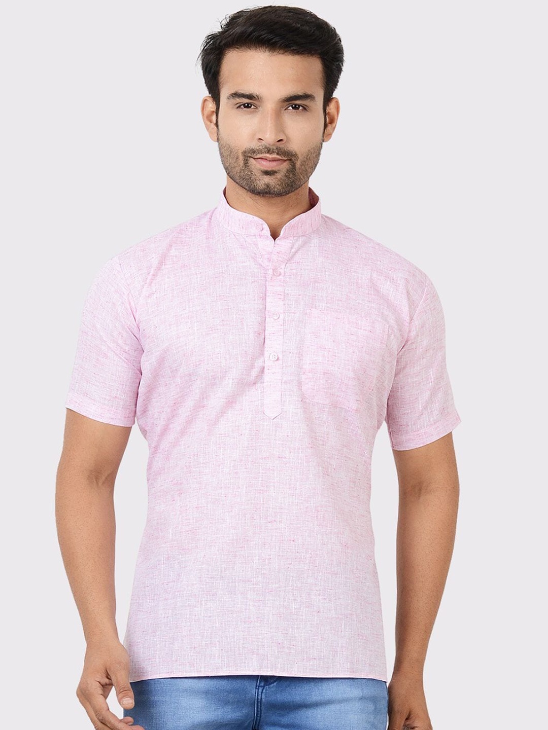 

Maharaja Band Collar Short Sleeves Cotton Straight Kurta, Pink