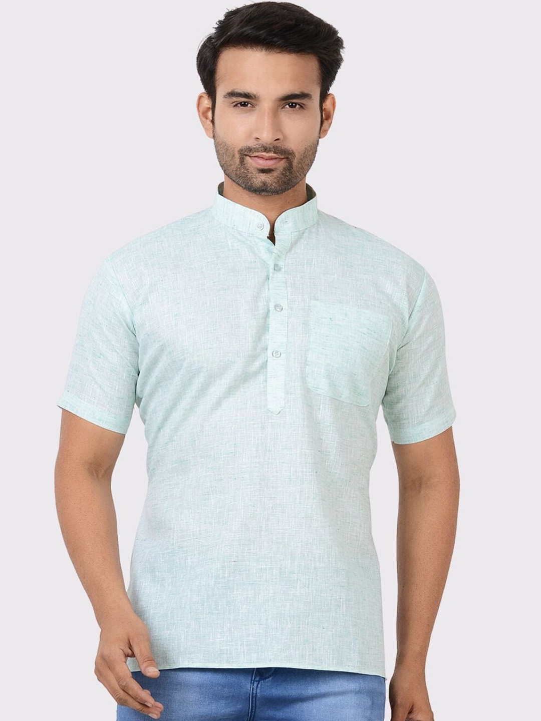 

Maharaja Mandarin Collar Short Sleeves Pure Cotton Kurta, Green