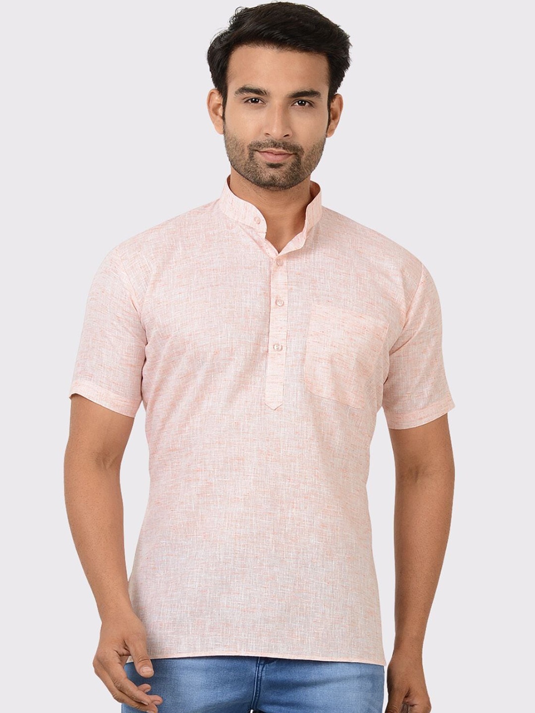 

Maharaja Band Collar Short Sleeves Cotton Straight Kurta, Orange