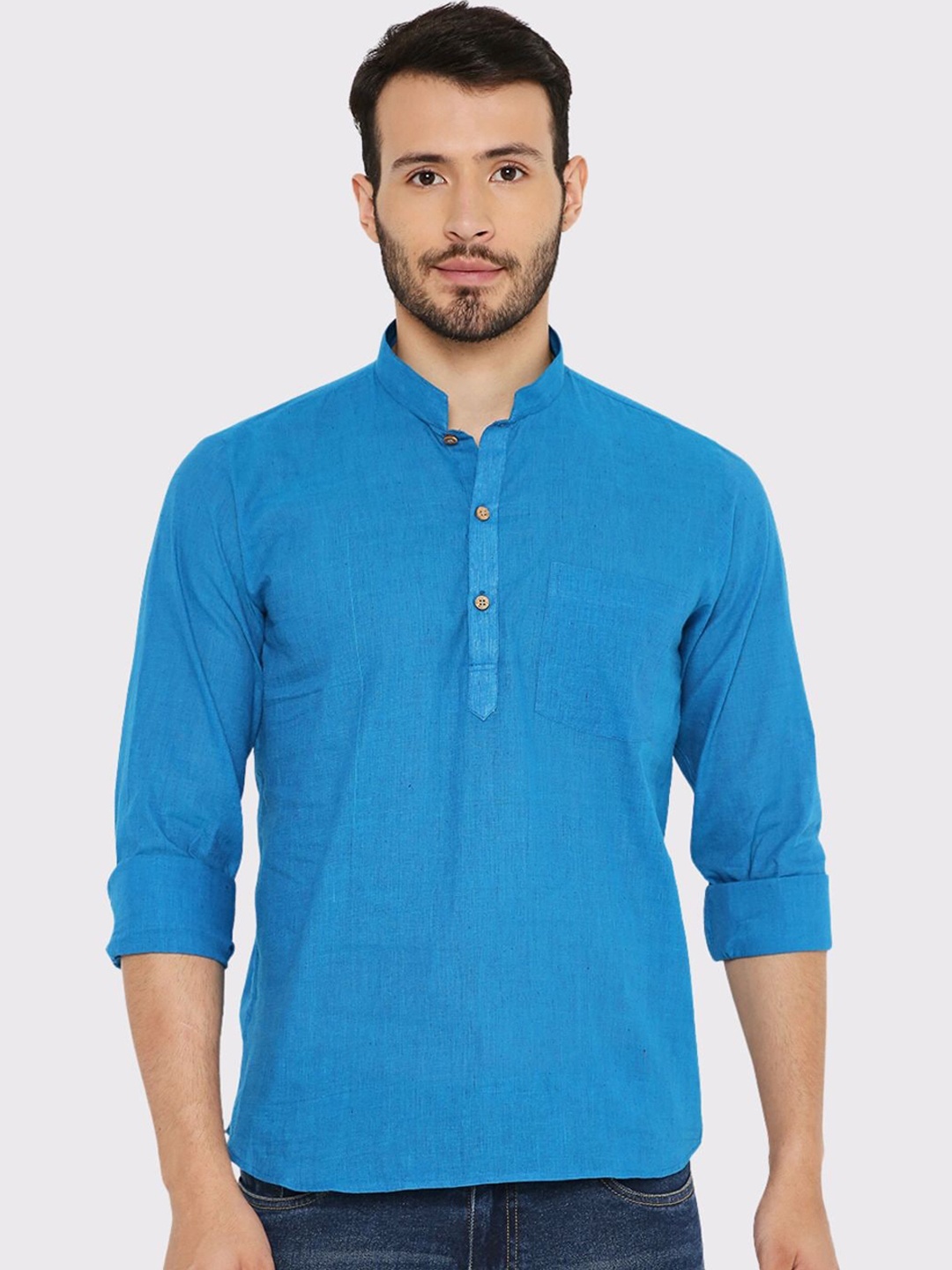 

Maharaja Mandarin Collar Long Sleeves Pure Cotton Kurta, Blue