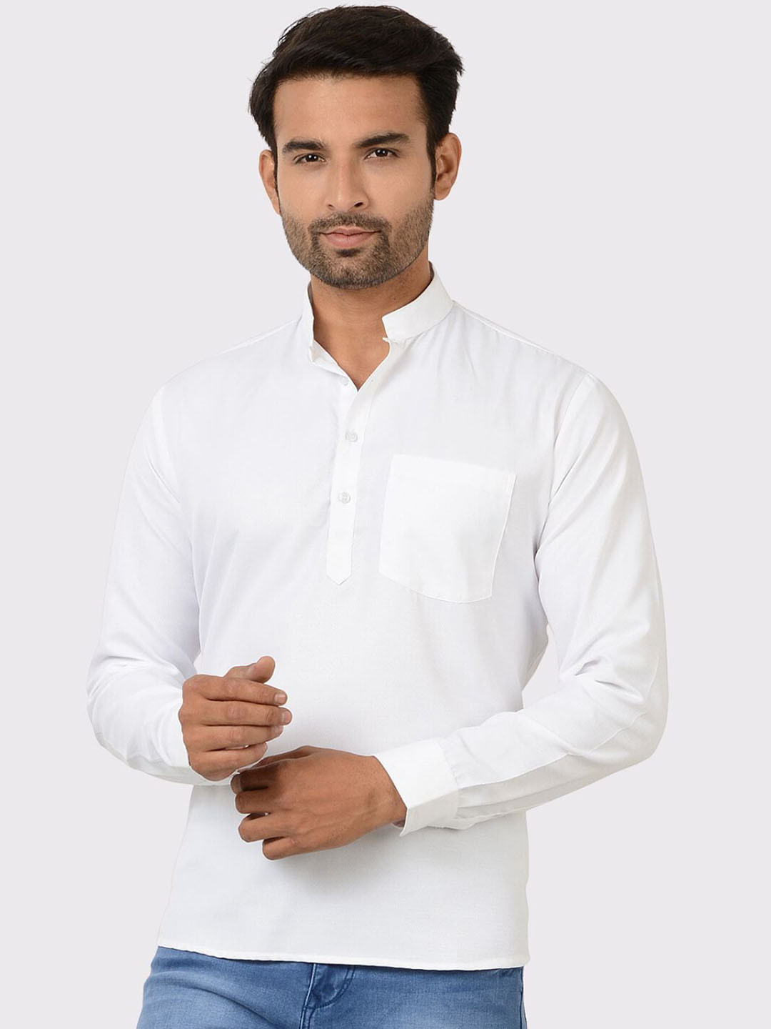 

Maharaja Band Collar Short Sleeves Cotton Straight Kurta, White