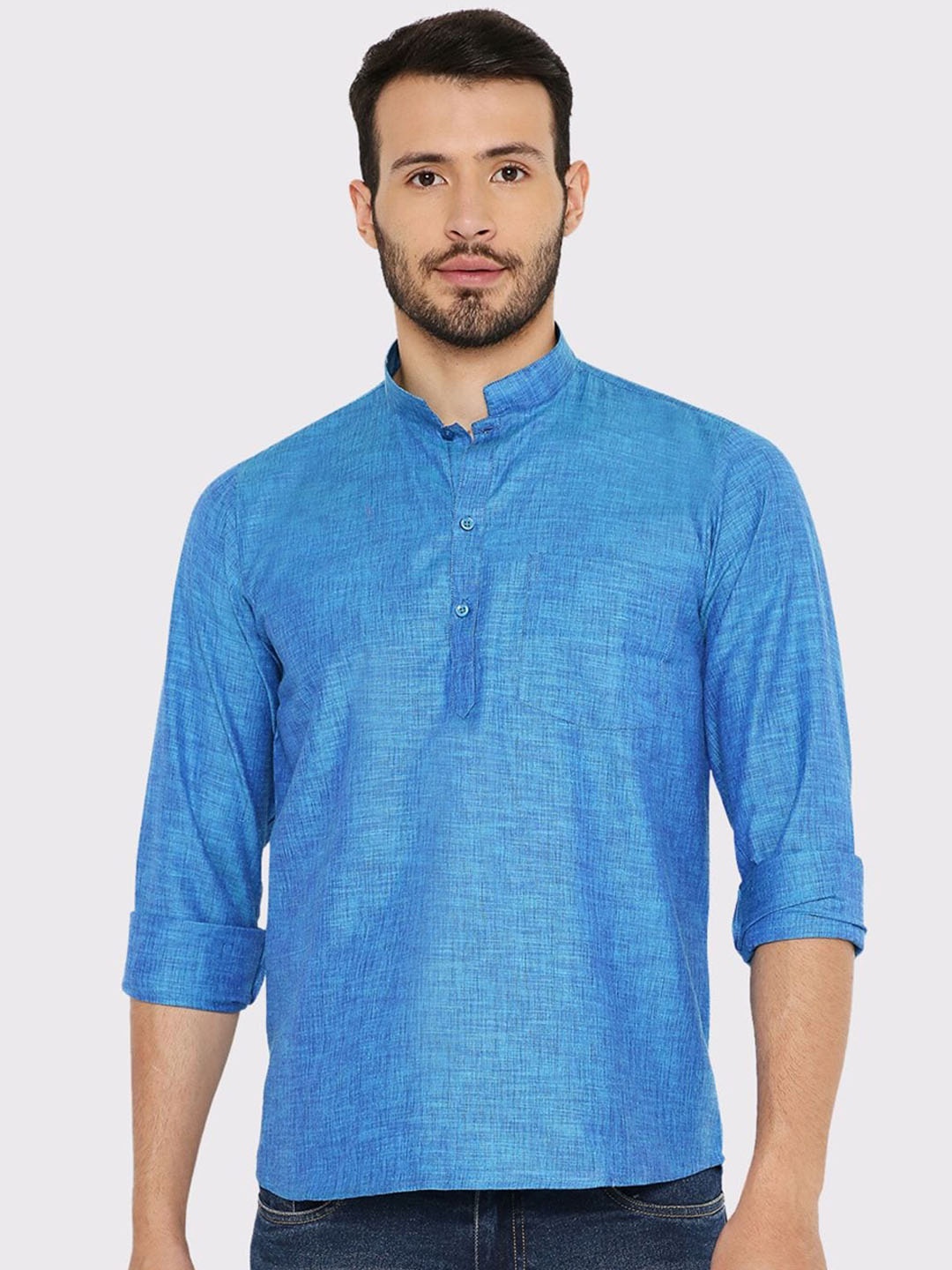 

Maharaja Mandarin Collar Linen Straight Kurta, Blue