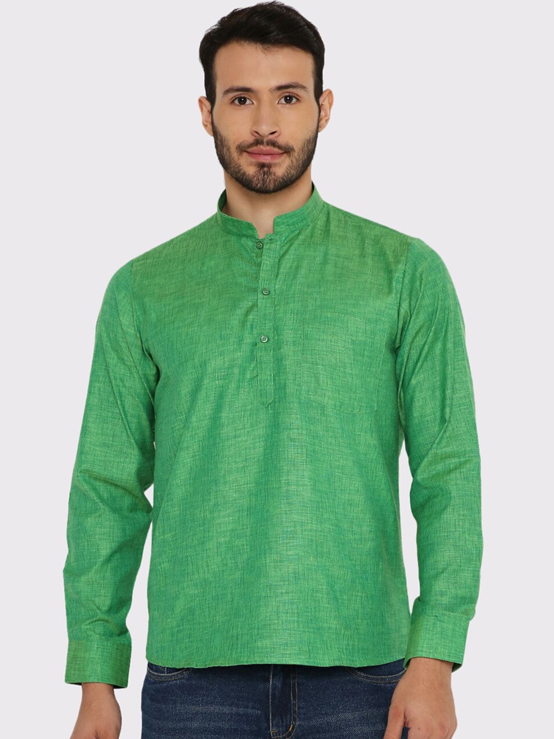 

Maharaja Mandarin Collar Linen Short Kurta, Green
