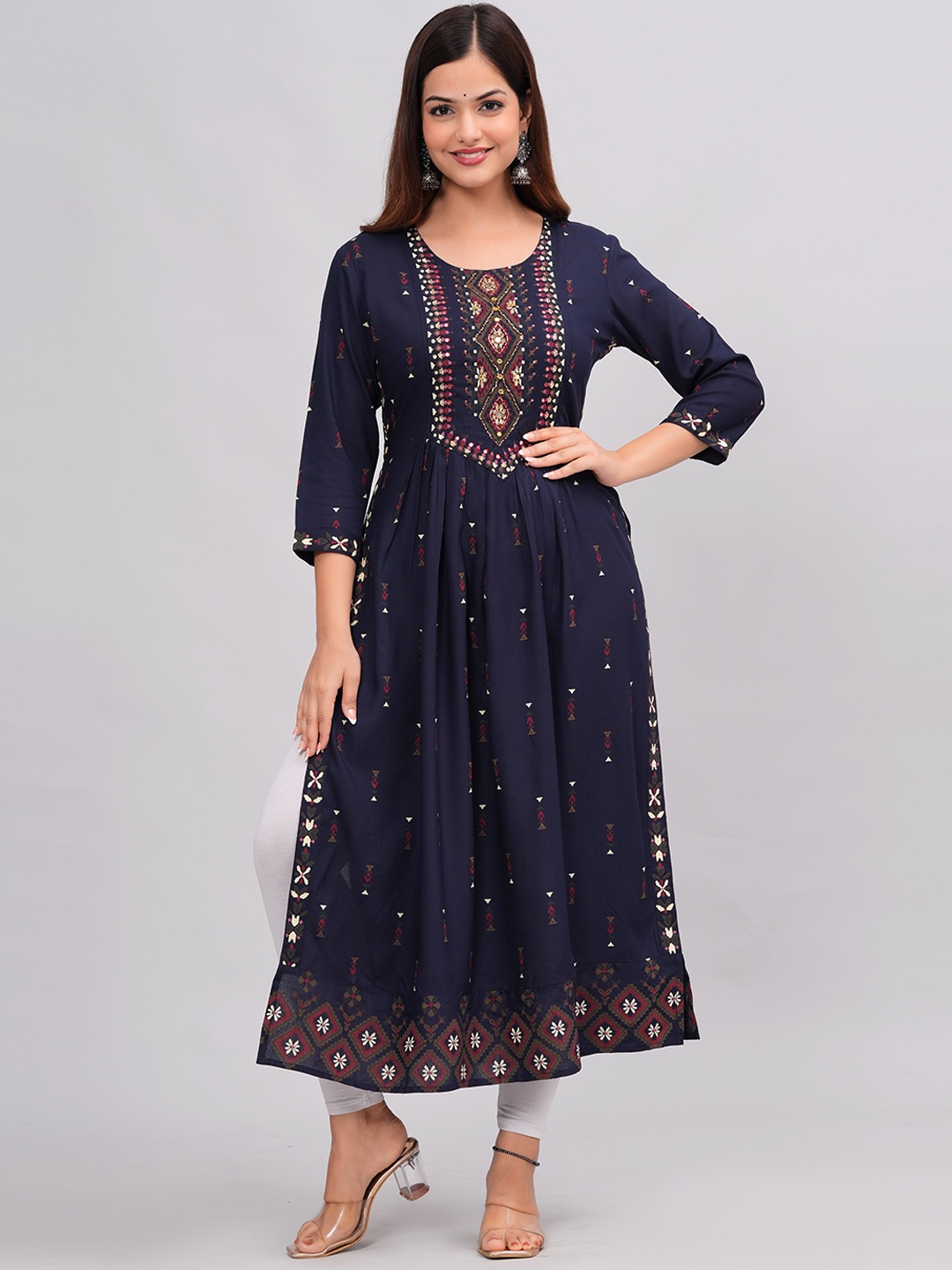 

SAABHI Round Neck Regular Sleeves Mirror Work Floral Kurta, Blue