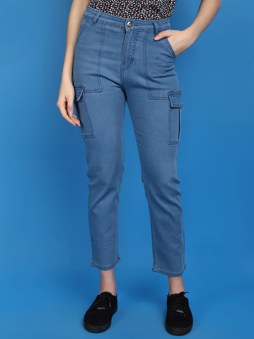

V-Mart Women Clean Look Cropped Cotton Cargo Jeans, Blue
