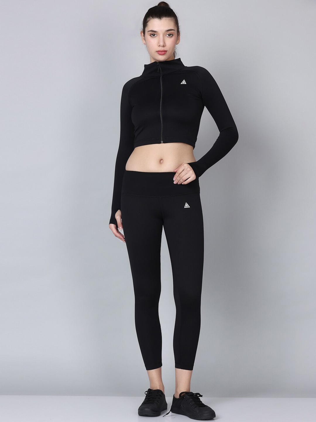 

Aesthetic Bodies High Neck Zipper Jacket With Leggings Gym Co-Ords, Black