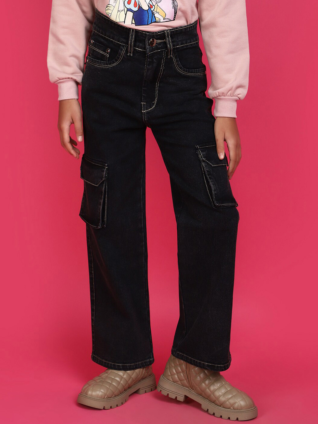 

V-Mart Girls Clean Look Cargo Jeans, Black