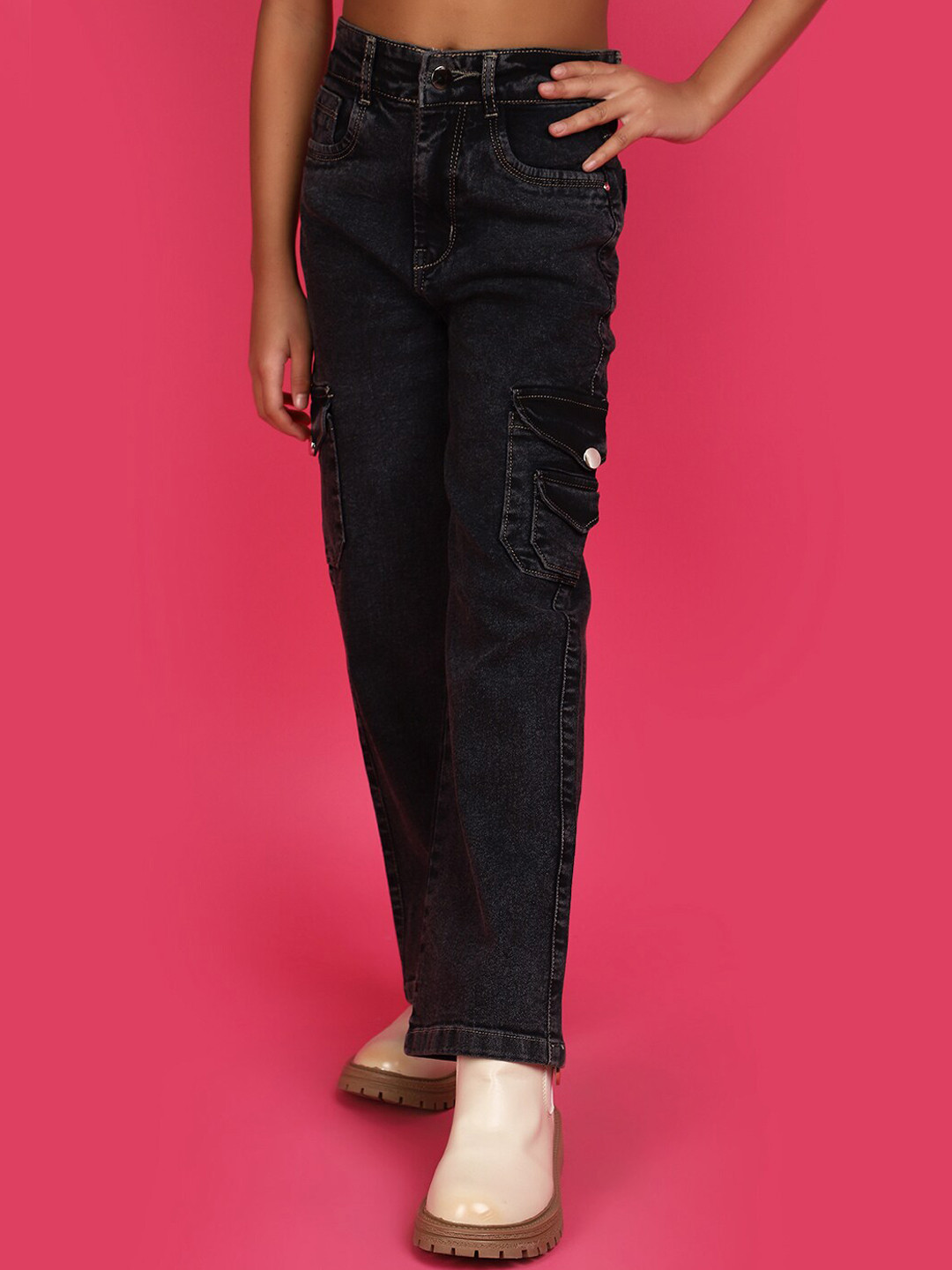

V-Mart Girls Clean Look Cargo Jeans, Black