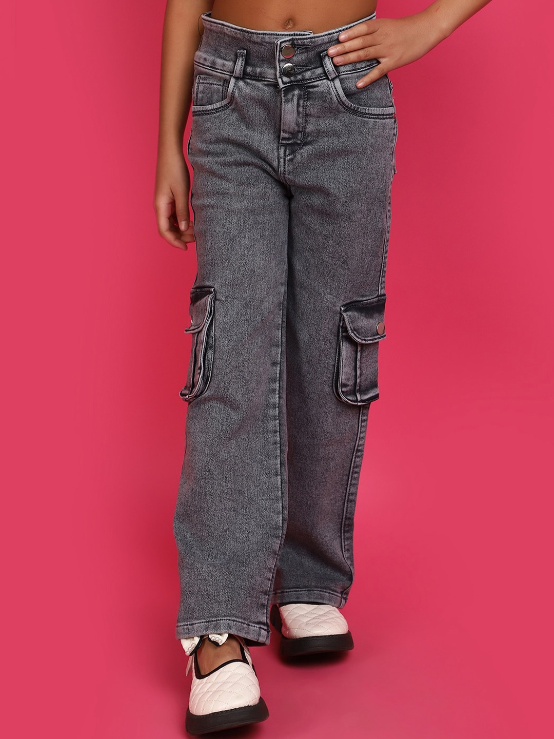 

V-Mart Girls Light Fade Clean Look Cargo Jeans, Grey