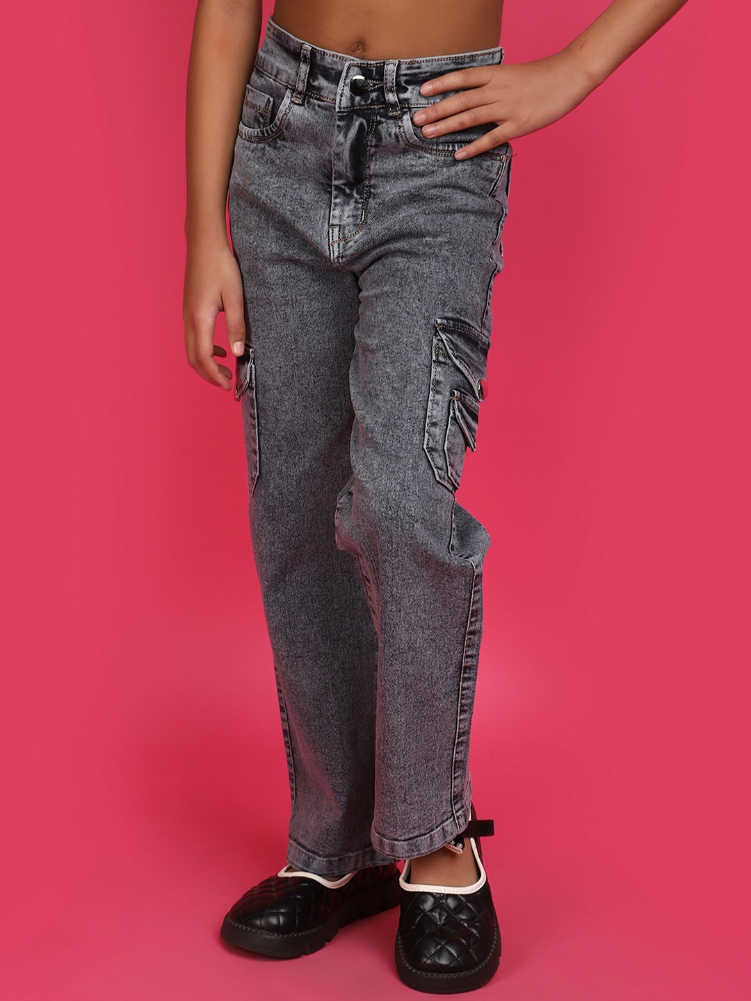 

V-Mart Girls Light Fade Clean Look Cargo Jeans, Grey