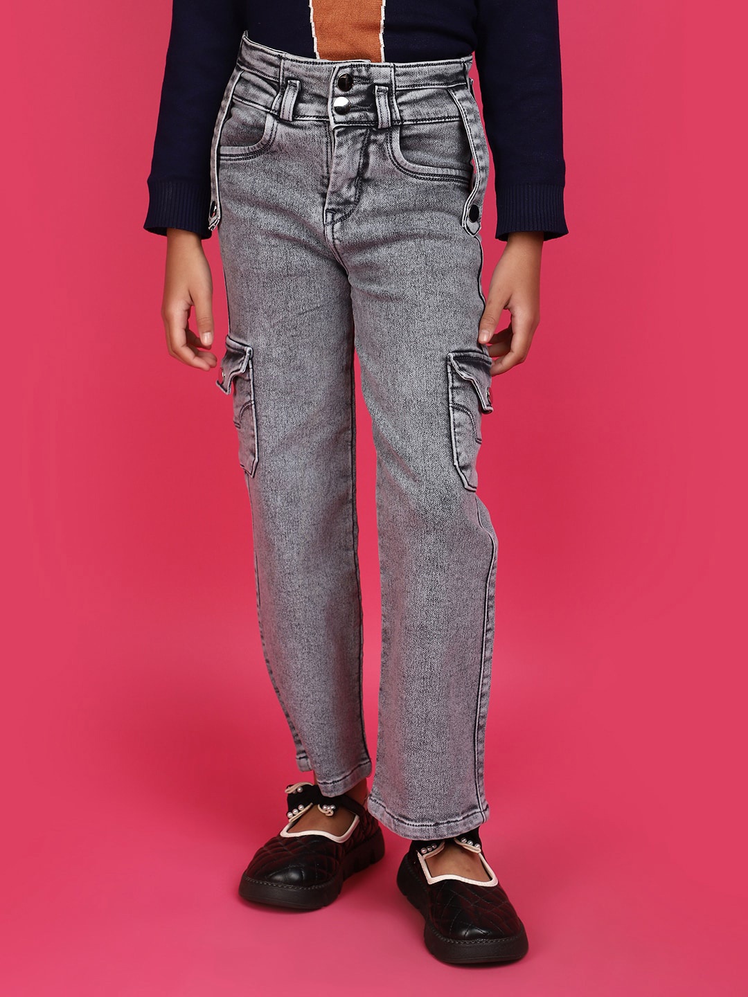 

V-Mart Girls Heavy Fade Cargo Jeans, Grey