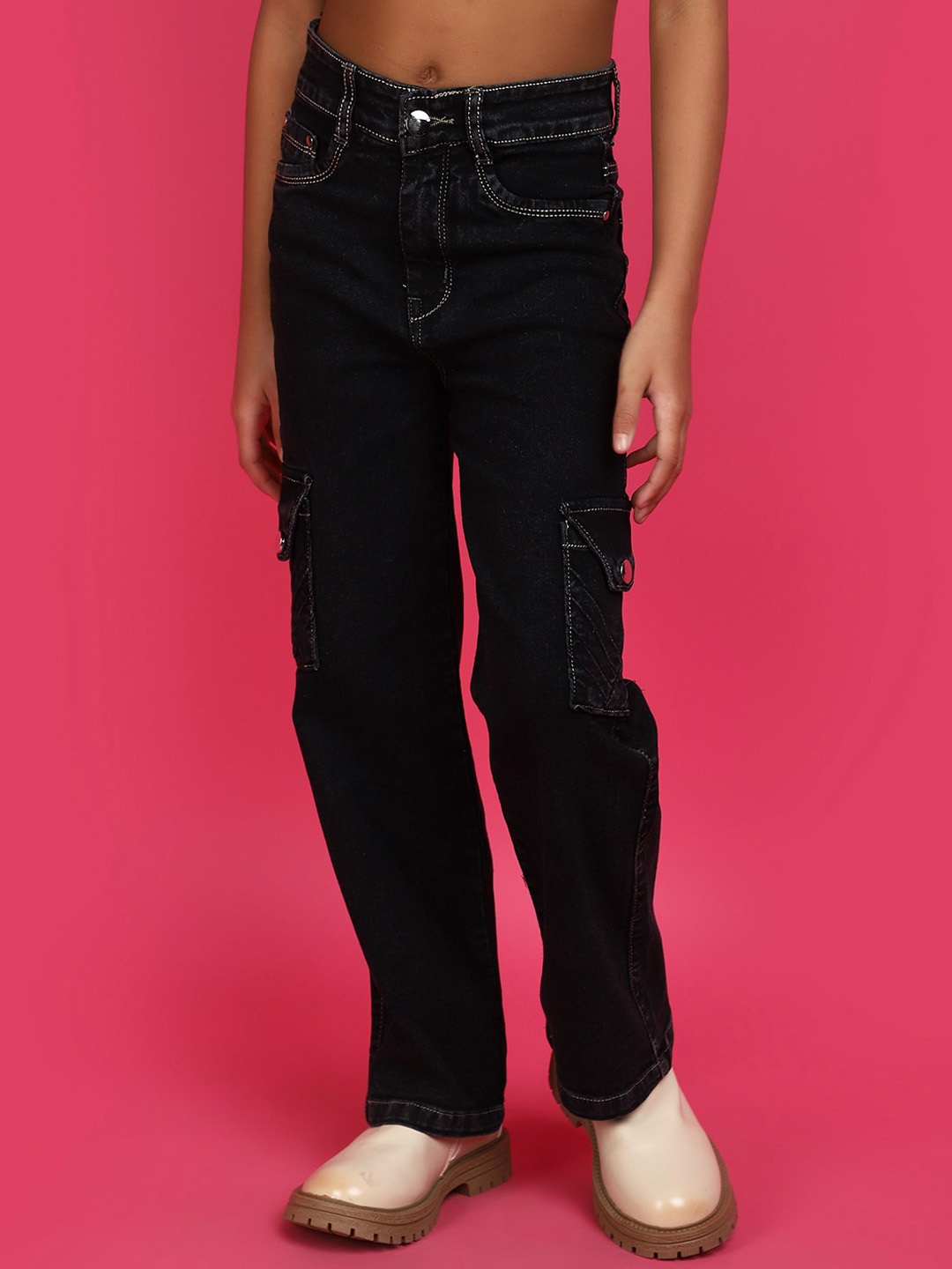 

V-Mart Girls Clean Look Cargo Jeans, Black